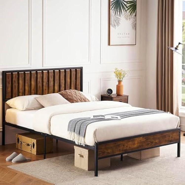 GAOMON Full Bed Frame with Headboard Footboard Rustic Wood Bedframe Farmhouse Platform Bed Frame with Metal Slat Wrought Rod, No Box Spring Needed, Farm House Beds Base Foundation-Full Size