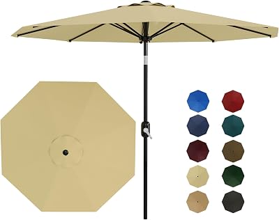 9 ft Patio Umbrella - 8 Sturdy Ribs Outdoor Table Umbrella with Crank Lift & Push Button Tilt - Market Umbrella for Pool, Deck, Yard, Garden - Beige