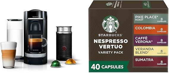 Nespresso Vertuo Plus Deluxe Coffee and Espresso Maker by De'Longhi, Piano Black with Aeroccino Milk Frother + Starbucks Capsules, Vertuo Line