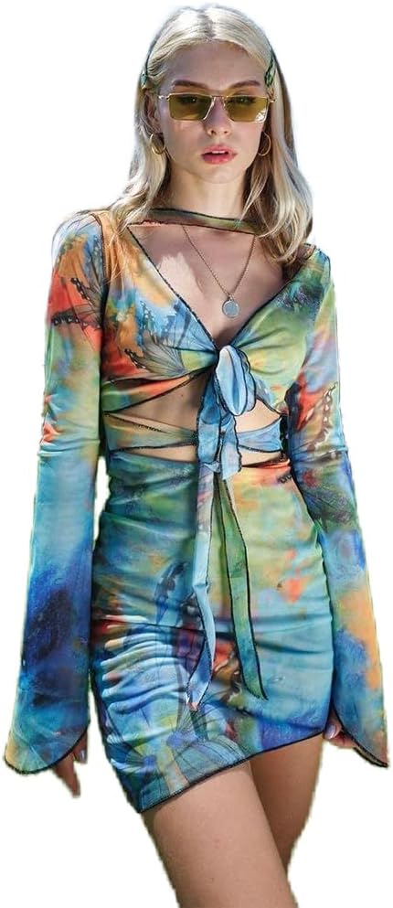 JasmyGirls Womens Rave Outfits for Festival Butterfly Two Piece Set Long Sleeves Dress Mesh Top Skirt Club Wear