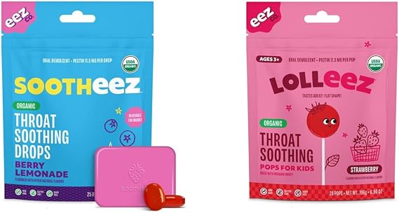 Lolleez Lollipops for Kids Sore Throat Relief, Strawberry, 28 Count and Sootheez Organic Throat Soothing Drops for Adults, Berry Lemonade, 25 Count