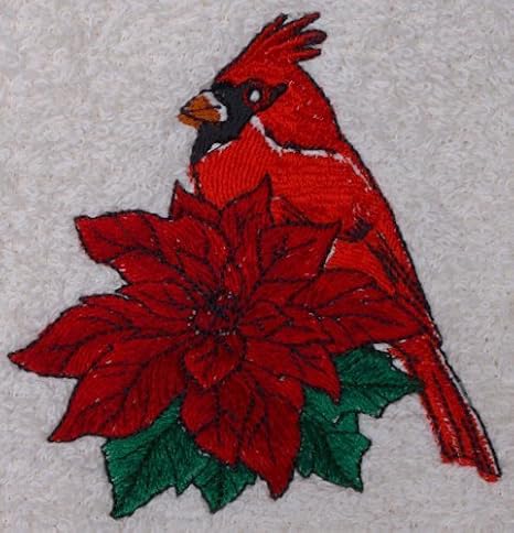 Bath Towel Set with Embroidered Cardinal and Poinsetta - White