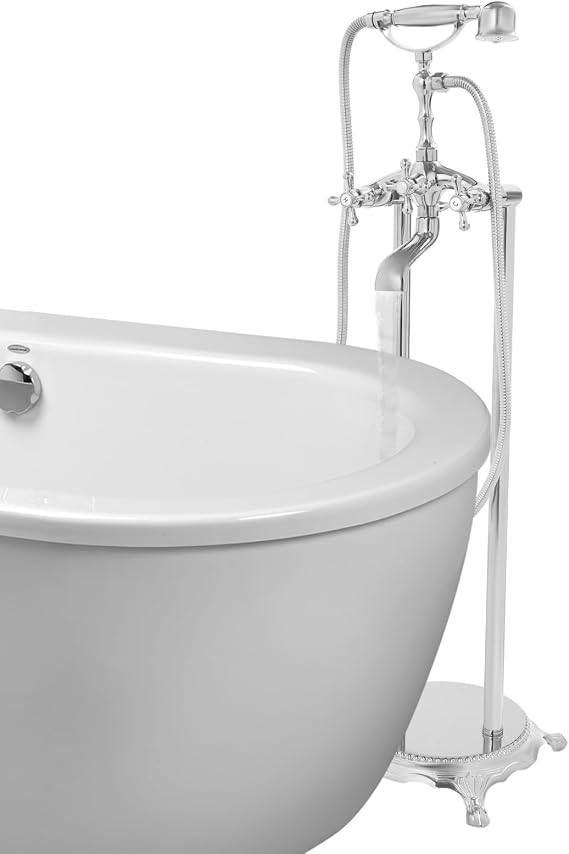 Free Standing Tub Faucet, Floor Mount Freestanding Tub Faucets with Hand Spray, Floor Mount Tub Faucet, Waterfall High Flow Bathtub Shower Mixer Tap for Farmhouse Sink, Restroom, Lavatory (Silver)