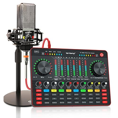 Podcast Equipment Bundle, tenlamp Audio Mixer with Live Sound Card and PK King Podcast Microphone Bundle, All-In-One Podcast Kit for PC or Cellphone Live Streaming, Music Studio Recording, Guitar