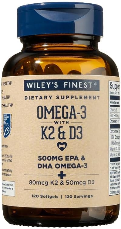 Wiley's Finest Omega-3 with Vitamin K2 and D3, 120 Count (Pack of 1)