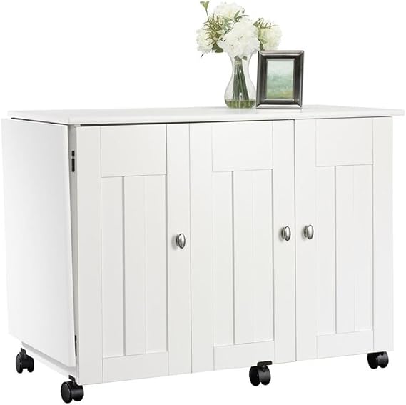 BOWERY HILL Engineered Wood Drop-Leaf Sewing or Craft Table with Melamine Top Surface, Storage Behind Roll-Open Door, Easy-roll Casters in Soft White