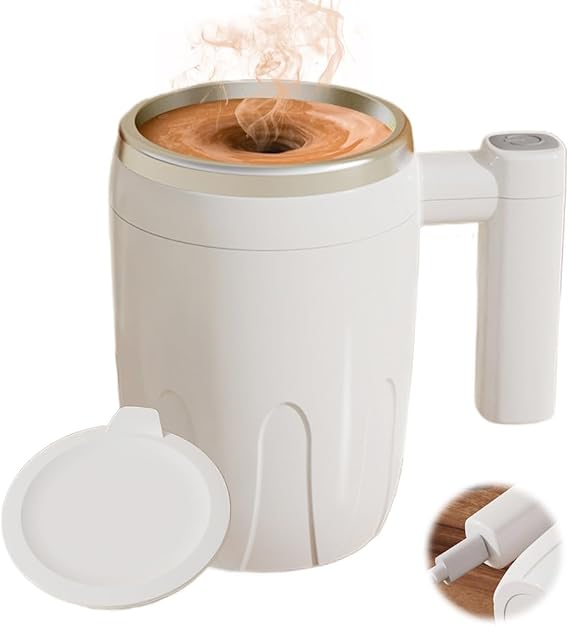 Automatic Magnetic Stirring Coffee Mug, Auto Stirring Mug with Lid Handle Insulated for Office,Travel,Ideal Distinctive for Men and Women (White)