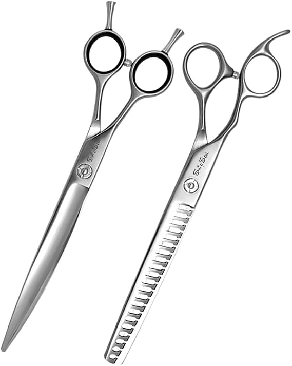 7.5 inch Professional Dog Grooming Shears Set Left Hand Curved Cutting and Chunker Shears 21 Teeth VG10 Steel Pet Scissors,Thinning Rate 45%