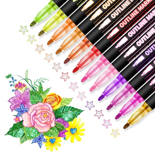 Metallic Markers Glitter Paint Pens - 24 Colors Shimmer Outline Acrylic Marker Teen Girl Gifts Christmas Stuffs - Art Supplies Crafts for Easter Gel Pens for Coloring Drawing Writing on Scrapbooking