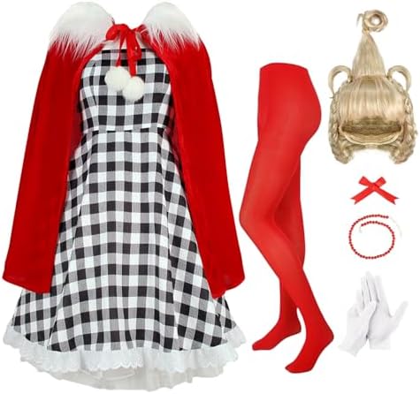 Elf Costume Adult Christmas Outfits for Women Halloween with Wig Cape Plaid Dress Gloves