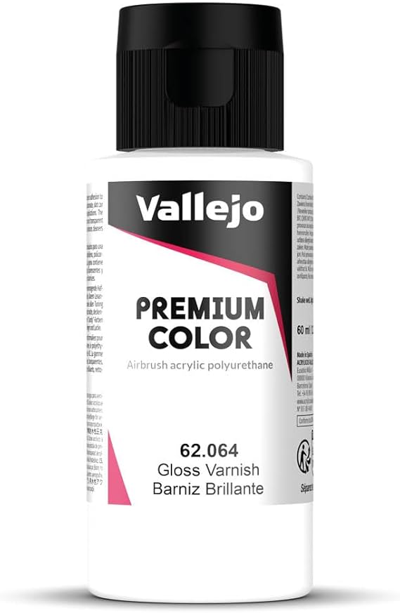 Vallejo - Premium Color RC Gloss Varnish 2.02 Fl.Oz. (60 ml) for Airbrushing, Acrylic-Polyurethane Hybrid Resin of Great Resistance Auxiliary for Model and Hobby Use