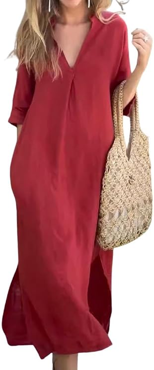 utcoco Womens Cotton Linen Maxi Dresses Casual Loose Fit V Neck 3/4 Sleeve Side Slit A Line Linen Long Dress