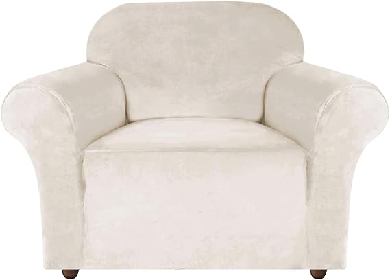 Turquoize Velvet Chair Covers for Living Room Stretch Slip Covers for Armchairs Arm Chair Covers with Arms Chair Slipcovers with Elastic Bottom Crafted from Soft Velvet Fabric (Chair, Ivory)
