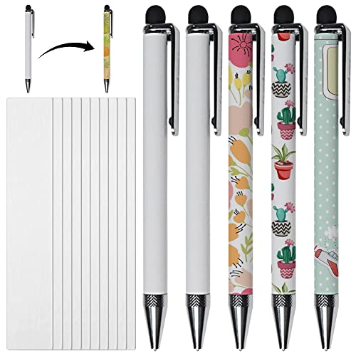 5 Pcs Sublimation Blank Pens Heat Transfer Stylus Sublimation Ballpoint Pen with 10 Pcs Shrink Wrap White Aluminum Customized Clip Pen for DIY Office School Stationery SuppliesSilvery