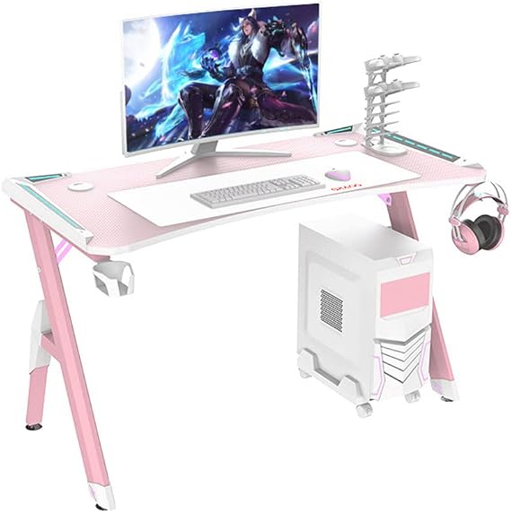 Bestier Gaming Desk with LED Lights, Ergonomic Gaming Desk for PC, Y-Shaped Computer Workstation with Heavy Duty Metal and Wood Computer Desk for Gaming and Office, P
