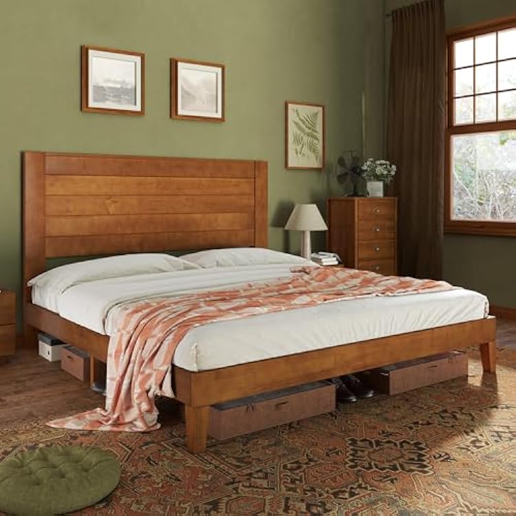 Jocisl Size Farmhouse Solid Wood Bed Frame with 48 High Headboard, Rustic Platform Bed with Under-Bed Storage, No Box Spring Needed, Heavy Duty Support for Small Bedroom, Light Brown