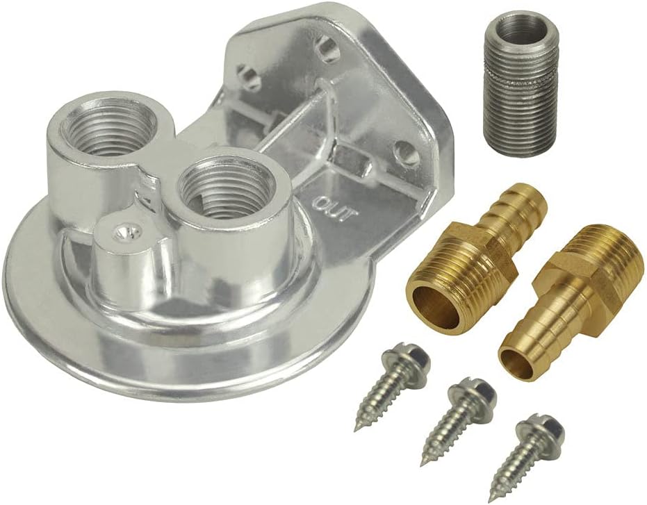 Oil Filter Mount, Ports Up, 12 in NPT Female Ports, 34-16 in Center Thread, Aluminum, Polished, Universal, Kit