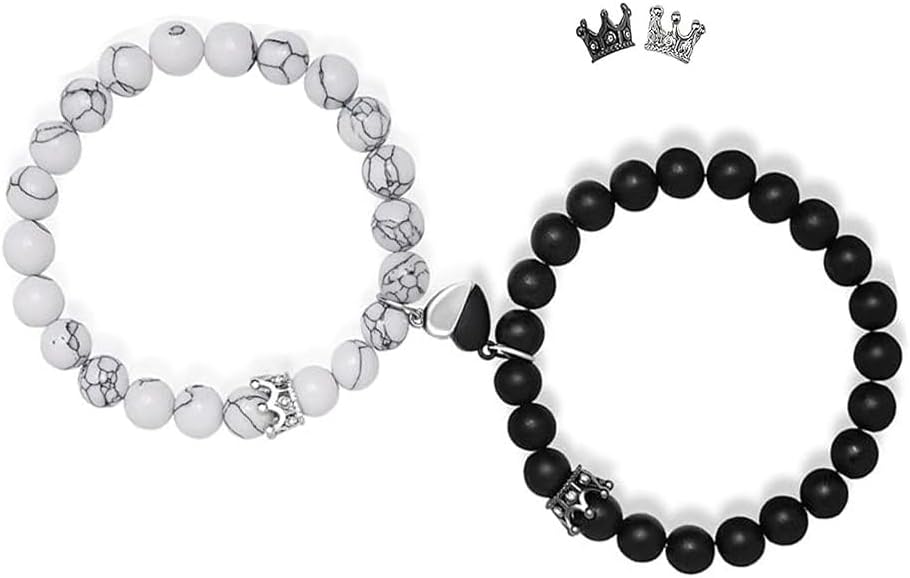 Couple Bracelets,His & Hers Heart Bracelets - Matching Bracelets with King & Queen Crown, Beaded Bracelets for Boyfriend & Girlfriend, Anniversary Jewelry for Men Women