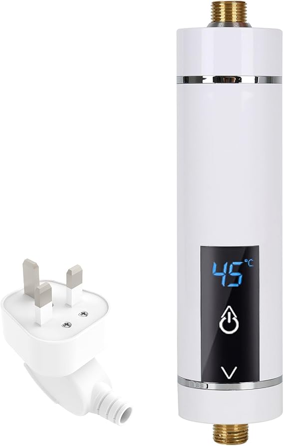 Instant Electric Water Heater, 3500W Mini Electric Water Heater, Intelligent Instantaneous Water Heater Heater with Temperature Display for Bathroom Kitchen, UK Plug (White)