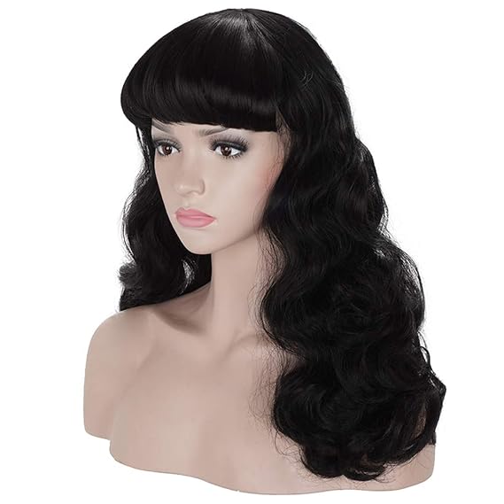 morvally 50s Vintage Medium Length Black Wigs with Bangs | Natural Wavy Synthetic Hair Wig for Women Cosplay Halloween