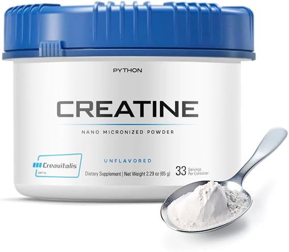 Python Nano Micronized Creatine Monohydrate Powder - UPS Grade German Creavitalis Sourced for Max Absorption & Muscle Growth - Unflavore [65g]