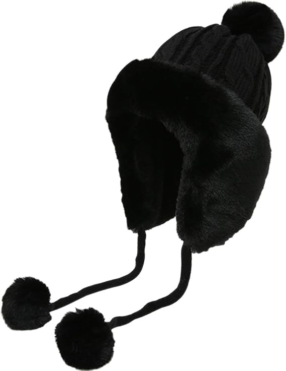 Women Girls Winter Beanie Hats Earflap Faux Fur Ski Trapper Hat with Pompom