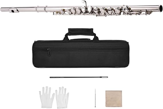 Flute Musical Instrument Western Concert Flute Nickel Plated 16 Holes C Key Cupronickel Woodwind Instrument with Cleaning Cloth Stick Gloves Padded Bag Starter Flute