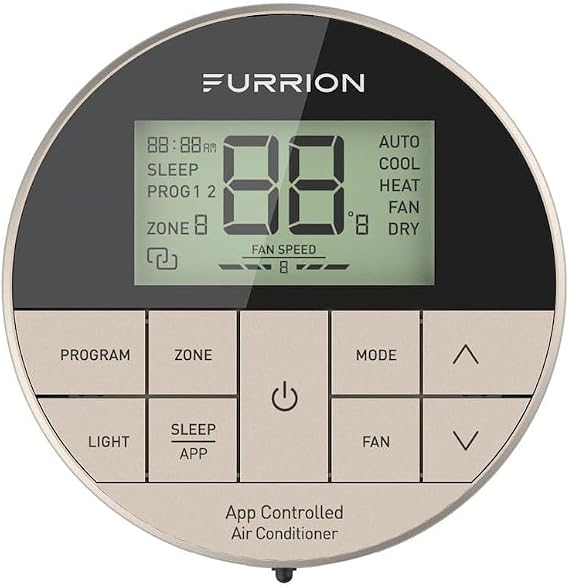 Furrion Enhanced Multi-Zone Wall Thermostat with App Control for Chill RV Air Conditioner Systems, Three Fan Speeds, Sleep Function, Auto Restart, LCD Digital Display, Backlight - 2022068580 | 3 fan speeds with auto, Bluetooth via iOS or Android app, LCD display with backlight, auto restart after power loss