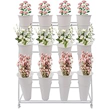 Flower Display Stand with 12 Buckets, 3 Layers Plant Stand,Metal Flower Cart Display Stand with Wheels, Movable Florist Bouquet Shelf for Indoor, Outdoor Patio Garden, Florist Shop