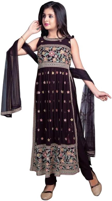Mirraw Kids, Brown Georgette Embroidery Churidar Salwar Suit for Girls, from 2-14 Years