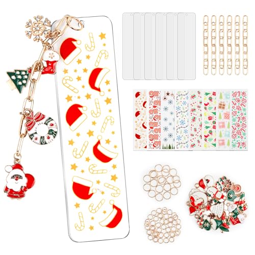 100PCS Acrylic Bookmark Blanks2mm Thicken 6 DIY Bookmark Making 8 Christmas UV DTF Sticker 20 Christmas Charms 6 Extender Chains and 60 Jump Ring Suitable for DIY Crafts Gifts
