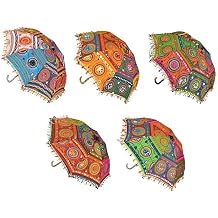 BML 5 Pcs Indian Handmade Designer Cotton Fashion Multi Colored Embroidery Boho Umbrellas | Mirror Work Vintage Parasols Umbrellas For Indian Wedding, Mehndi Party Decor 61 x 61 Cm