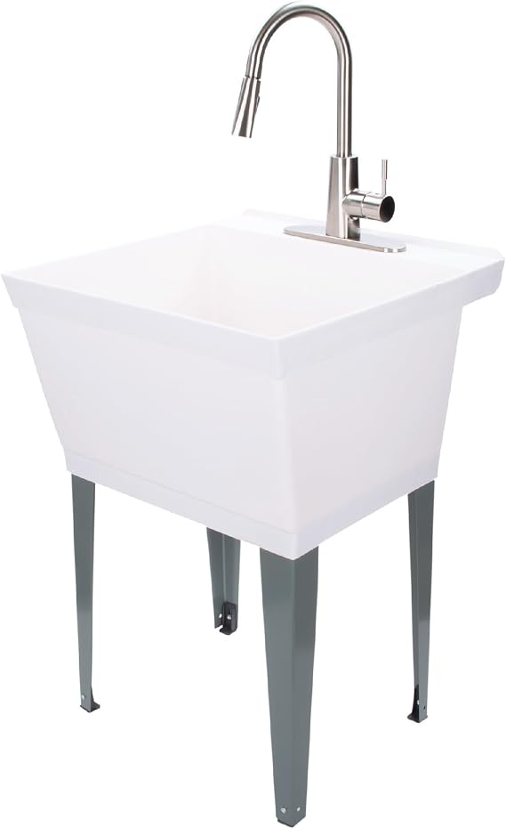 White Utility Sink Laundry Tub with High Arc Stainless Faucet for Laundry Room Basement, Garage