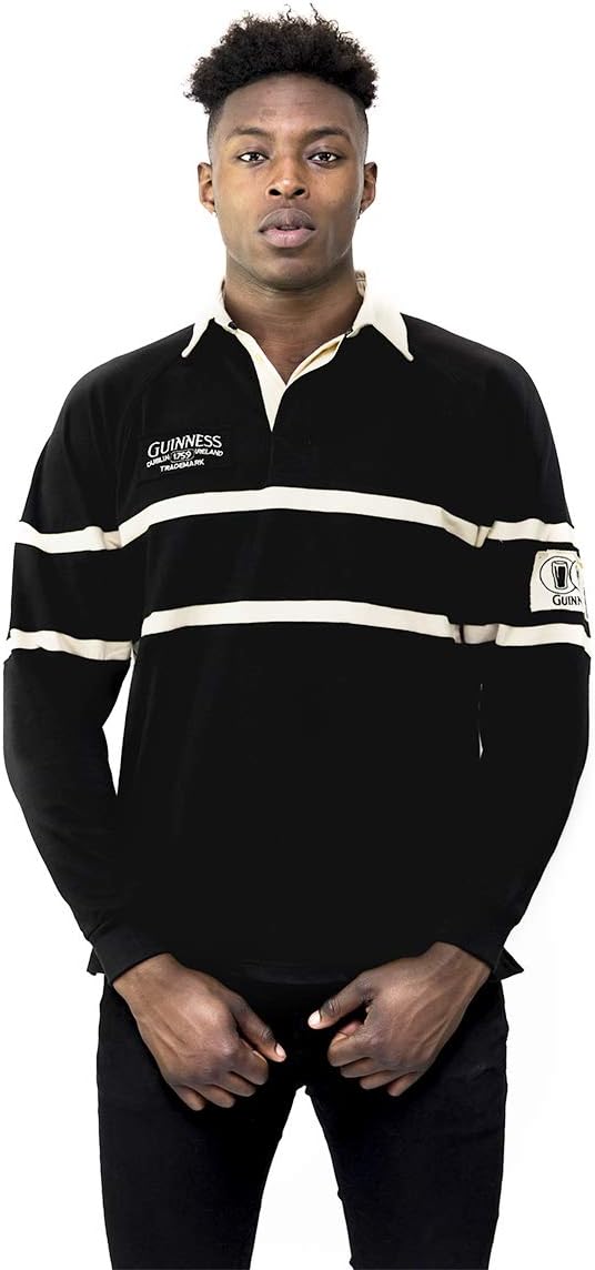 Guinness Traditional Black and Cream Longsleeve Rugby Jersey, Official Merchandise, Black Jersey, Men's Small to 4X-Large