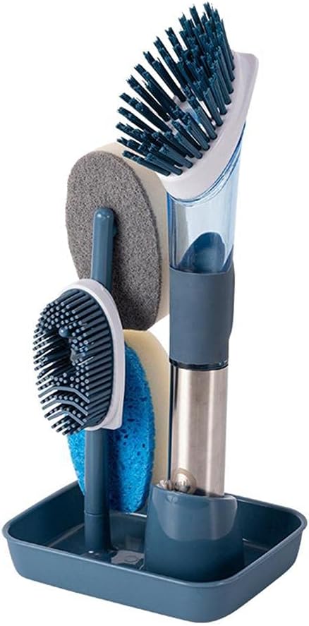Improved Soap Dispenser, Washing Up Brush, 4-in-1, Pack of 4 Interchangeable Brush Heads, Dish Brush with Soap Dispenser, Dish Brush with Base, Kitchen Cleaning Br