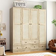 MOUMON 4 Rattan Door Wardrobe with Shelves and Drawers, Armoire Wardrobe with 2 Clothing Rods, Closet for Bedroom Oak 19D x 59W x 70.9H