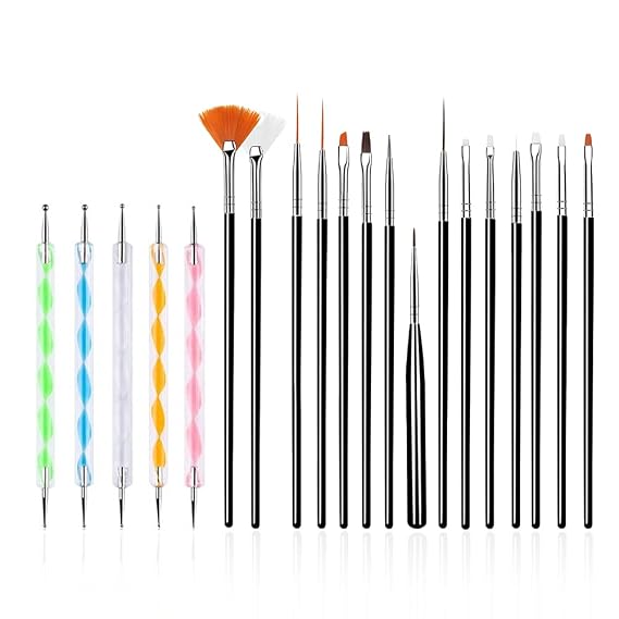 FULINJOY 20PCS Nail Art Design Tools, 15PCS Painting Brushes Set (Black) with 5PCS Dotting Pens