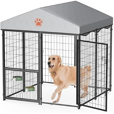 Mr IRONSTONE Outdoor Dog Kennel Heavy Duty Metal Dog Enclosure with Roof, Rotating Food & Water Feeder, Waterproof Covered Large Dog Run for Backyard, Secure Lock Design 4L x 4W x 4.4H