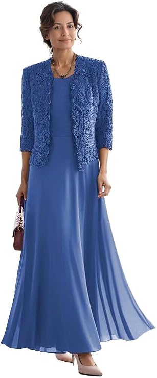 2 Piece Mother of The Bride Dresses with Jacket Lace Chiffon Tea Length 3/4 Sleeve Formal Evening Gowns for Wedding Guest