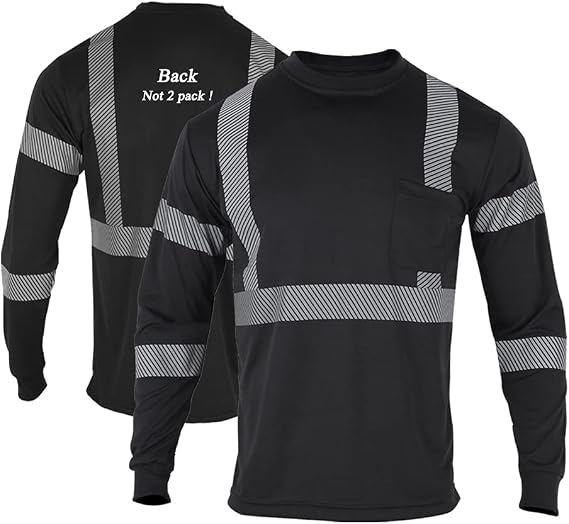 FONIRRA Safety Reflective High Visibility Shirts for Men ANSI Class 3 Hi Vis Long Sleeve Construction Work T-Shirts with Durable Reflective Tape, Black