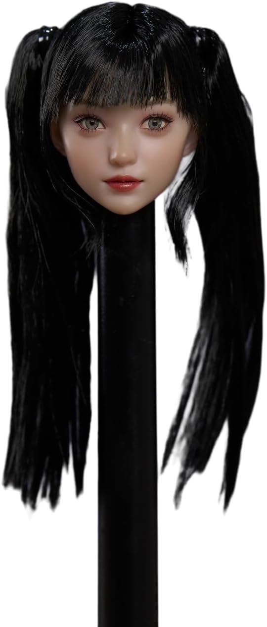 1/6 Scale Female Head Sculpt,Beauty Asian Girl Pale Skin Movable Eyes Head Carved for 12inch PH TBL JO VC Action Figure (Black Double Ponytail Hair)