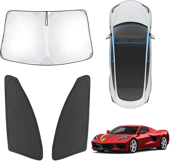 Karltys 3PCS Windshield Sun Shade for 2020-2025 Chevrolet Corvette C8, Front and Side Window Sunshade Custom Fit Corvette C8, Foldable Sun Visor Blocker Protects Car from Heat UV Rays Damage