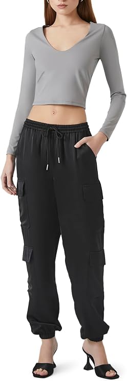 Forever 21 Women's Satin Mid-Rise Cargo Pants