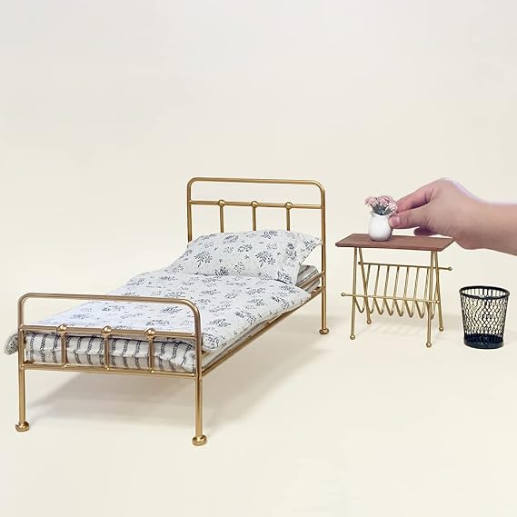 Golden Dollhouse Bed Set (4pcs)-1/6 Scale Dollhouse Gold Miniature Furniture Decoration Accessories