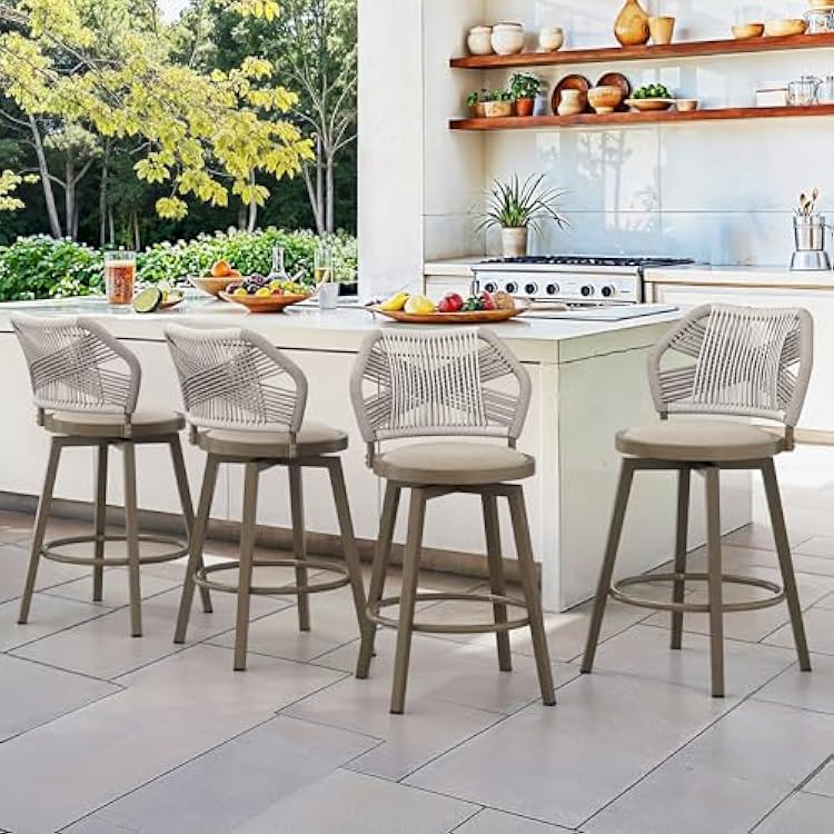 360 Swivel Outdoor Bar Stools Set of 4, Modern Aluminum Wicker Patio Chair with Olefin Rope Curved Backrest and Circular Cushion, Counter Stools for Patio, Garden, Kitchen, Apricot