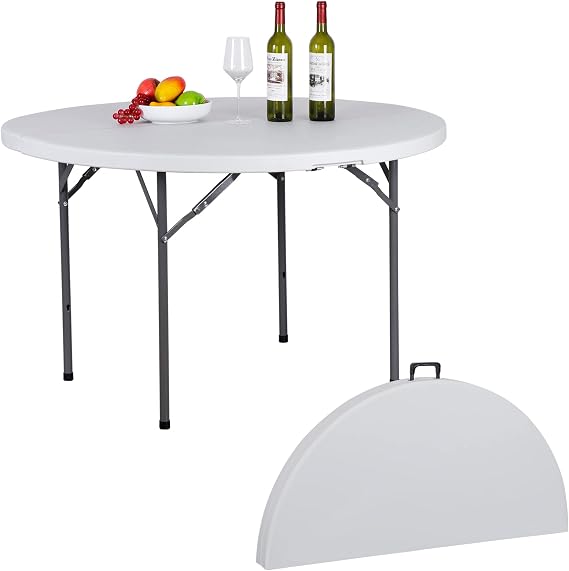 48 Inch Round Folding Table, Heavy Duty Folding 4FT Plastic Table for Outdoor Indoor, Metal Frame Thick Table Top Camping Picnic Table, White (48 inch)