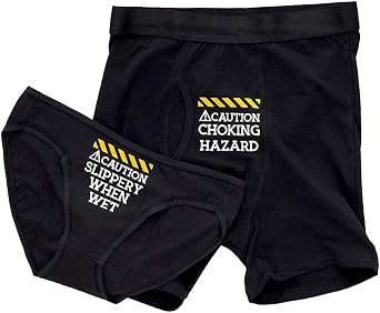 Funny Couples Underwear Gift Set, Caution Choking Hazard Boxer Briefs and Slippery When Wet Bikini
