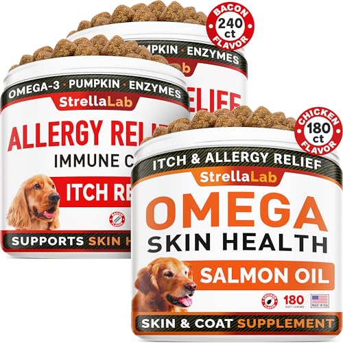 STRELLALAB Allergy Relief 2 Packs 240ct  Omega 3 180ct for Dogs Bundle - Itchy Skin Treatment  Skin&Coat Supplement - Omega 3 & Pumpkin - Allergy Chews & Anti Itch Support Supplement - Made in USA