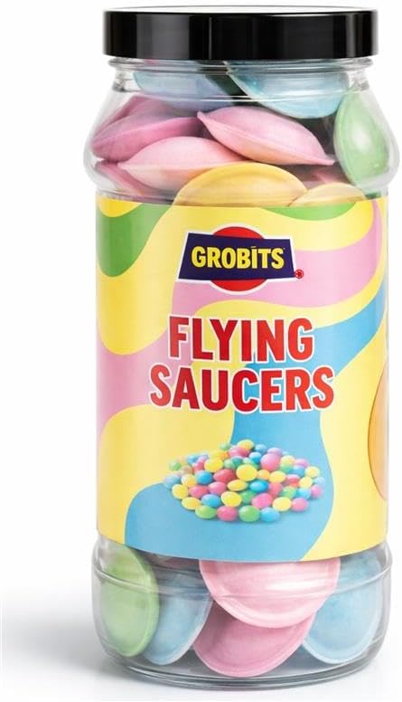 GROBITS - Flying Saucers 65g Retro Sweets Gift Jar – Classic Fizzy Candy – Traditional Sweet Shop Pick & Mix – Sweet Sharing Tub for Birthdays, Parties & Gift Giving