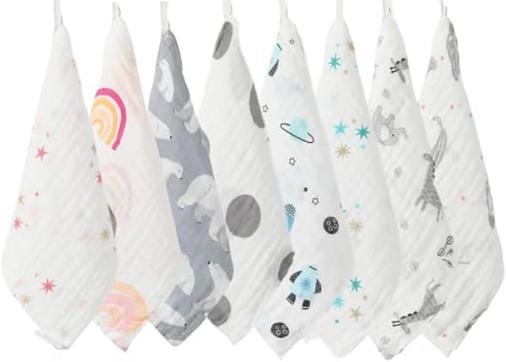 Baby Washcloths Muslin Cloths - Muslin Squares hanky Ultra Soft Newborn Face Towels 8Pack Bamboo Cotton 10"X10" 4Layers Reusable Baby Wash Cloths for Boys Girls (Send 5 kinds of patterns randomly)